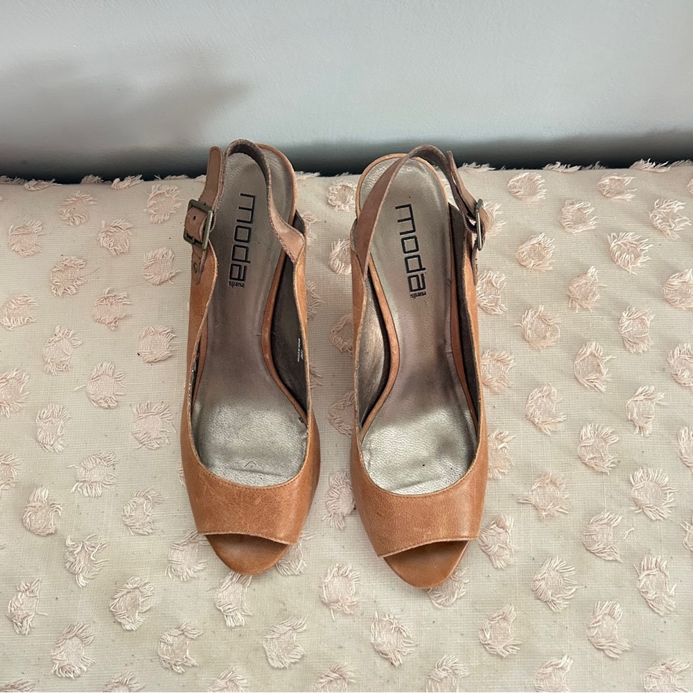 Moda Peep Toe Sling Back Heels Brown Leather Size 10